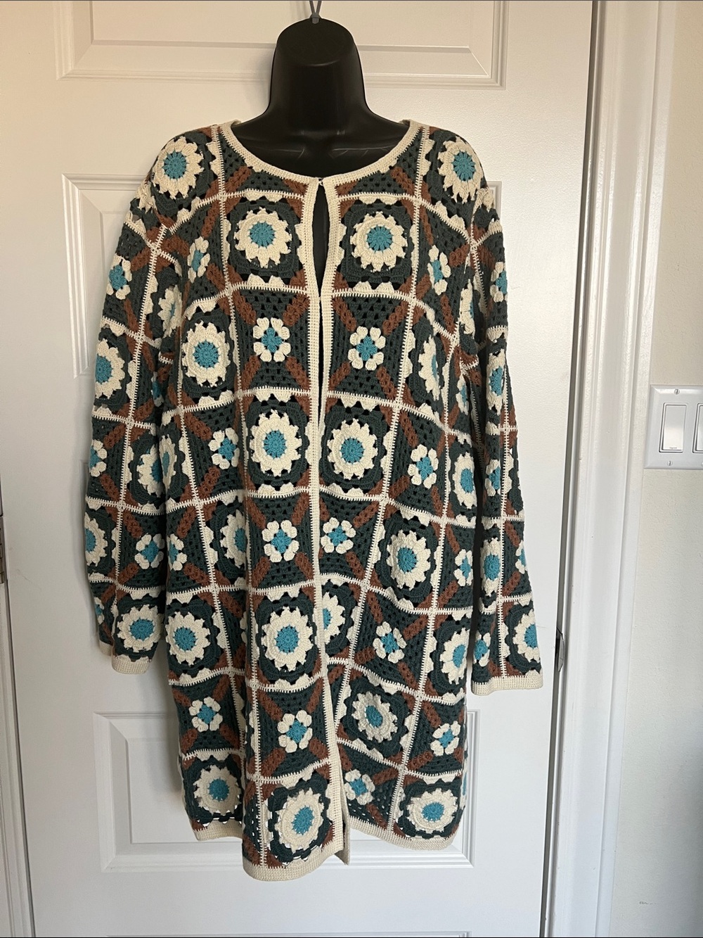 Tyler Boe Crochet Motif Open-Front Cardigan in Cream, Teal & Brown